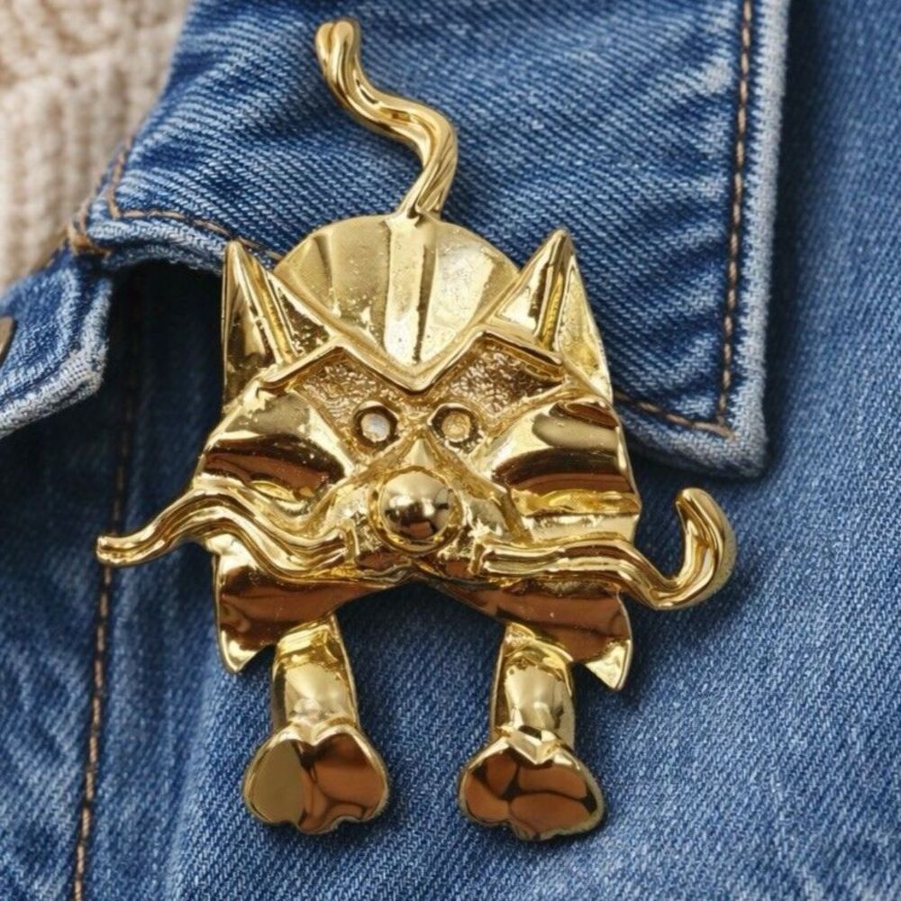 Vintage Gold Cat Brooch Figural Animal Pin Whimsical Kitsch Statement Kitty